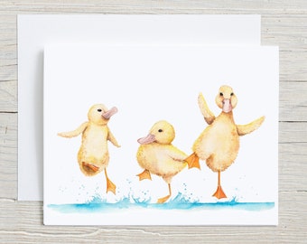 Splashing ducks card, Ducks playing in the rain notecard, spring greeting card, yellow duckling stationary, folded blank card, set of 4 or 8