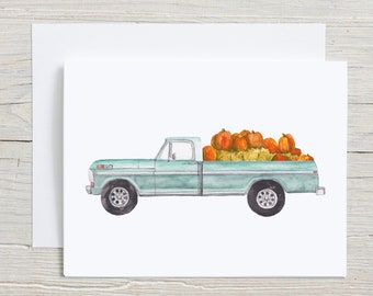 Fall Truck Note Card,  Autumn Watercolor Stationary set, Truck with Pumpkins, Folded Card with Envelopes, set of 4 or 8