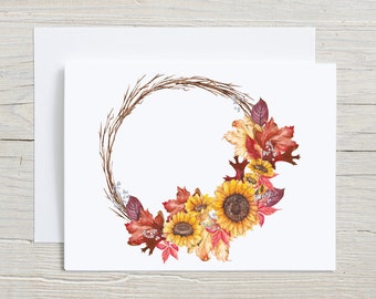 Fall Wreath Note Card,  Autumn Watercolor Stationary set, Colorful leaves and sunflowers, Card with Envelopes, Folded Blank Note Cards