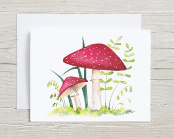 Mushroom Note Card, Red Toadstool, Autumn Watercolor Stationary set, Colorful Gift, Card with Envelopes, Folded Blank Note Cards