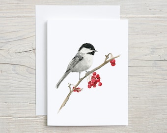 Chickadee note card - Holiday Greeting Card Set - bird greeting card -  winter stationary - bird card - blank card