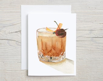 Old Fashioned cocktail card,  Watercolor Drink Illustration, Father's Day Card, Whisky postcard, vintage cocktail glass stationary