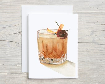 Old Fashioned note card, Father's Day Card, cocktail greeting card, Whisky postcard, vintage cocktail glass stationary, blank card