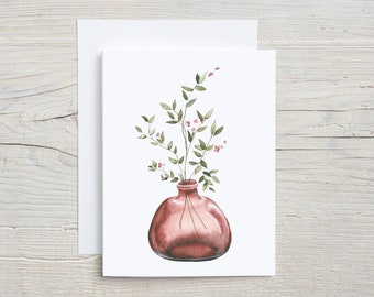Vase of Fall branches, Fall Note Card,  Autumn Watercolor Stationary set, Colorful leaves, Glass Vase, Folded Blank Card with Envelopes