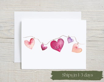 String of Hearts Card,  Valentine Watercolor Stationary, Hand-painted love note, Folded Card with Envelopes, set of 4 or 8