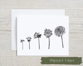 Dahlia Note Card - Growth stages note card - botanical stationary - greeting card