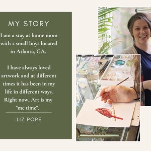 May include: A woman paints a red cardinal on a white sheet of paper. She is sitting at a table with art supplies. The text "MY STORY" is on a green background with a quote about the artist's love of art.