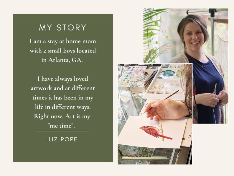 May include: A woman paints a red cardinal on a white sheet of paper. She is sitting at a table with art supplies. The text "MY STORY" is on a green background with a quote about the artist's love of art.