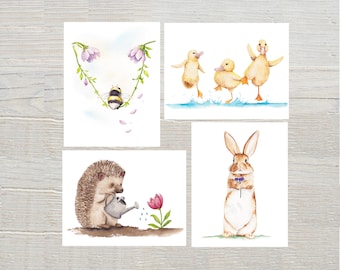 Spring Critters Watercolor Card Set | Hand Painted Wildlife Notecard Pack | Bee Duckling Hedgehog Bunny | Nature Lover Gift | Blank Inside