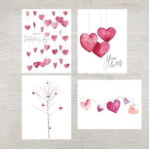 Valentine&#39;s Day Card Set - Romantic Watercolor Heart Designs, Cards set of 4/ 8, Watercolor Stationary, cards with Envelopes