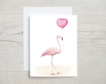 Flamingo with Heart balloon Card,  Valentine Watercolor Stationary, Hand-painted love notes, Folded Card with Envelopes, set of 4 or 8