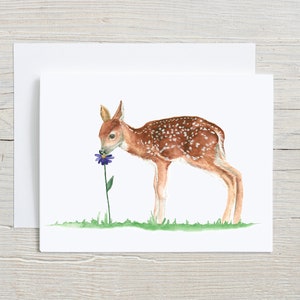 Watercolor Fawn and Purple Daisy Greeting Card – Nature-Inspired Blank Card for Wildlife Lovers, Deer Art Stationery for Any Occasion