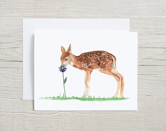 Fawn note card, woodland greeting card, baby deer postcard, rustic stationary, blank card, card with envelope