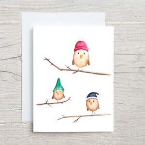 Winter Birds Christmas Card - Hand-Painted Holiday Greeting Card with Cozy Hats,  Winter Watercolor Stationary set, set of 4 or 8