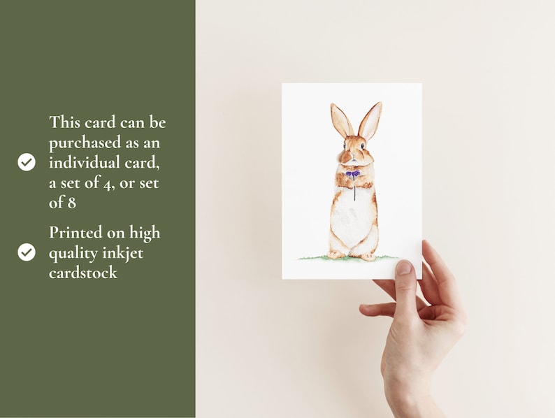 Rabbit with flower note card, woodland greeting card, Bunny postcard, rustic stationary, blank card, card with envelope image 2