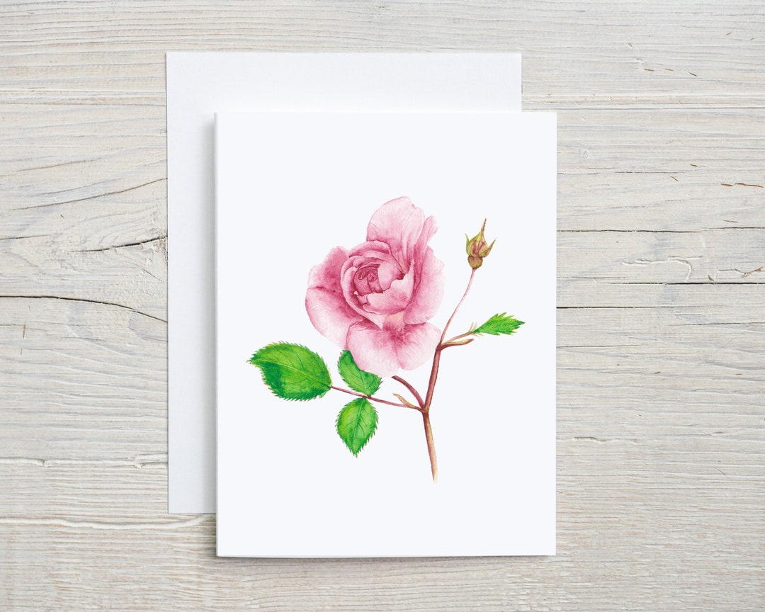 Pink Rose Card - Watercolor Floral Greeting Card - Botanical Rose ...