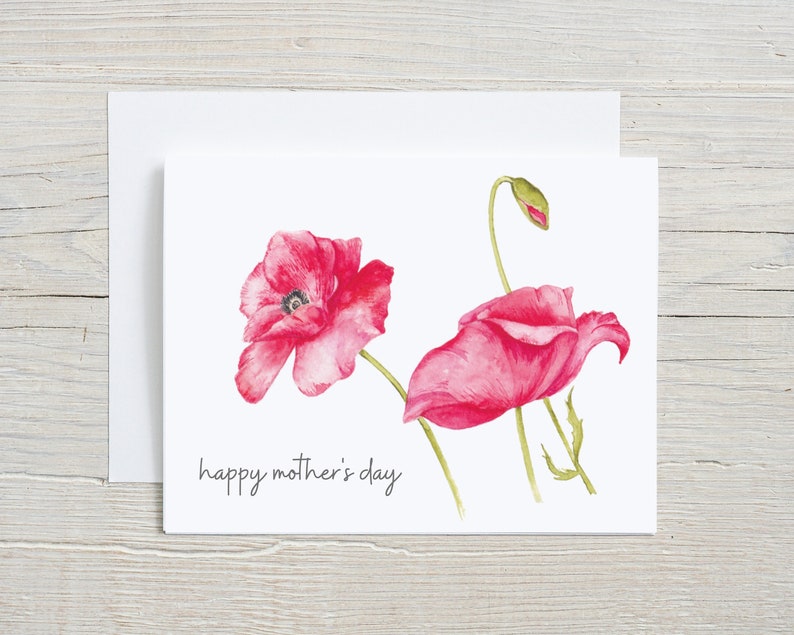Mother's Day card watercolor botanical stationary Poppies card for mom, floral greeting card, folded card with envelope image 1