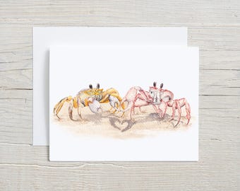Heart Crab Card – Cute Watercolor Crabs Love Card, Beach Valentine, Anniversary Card for Couple - Hand-painted love notes