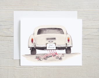 Wedding card, Watercolor Congratulations stationary, Antique Wedding Car with cans, Just Married card, blank folded greeting card