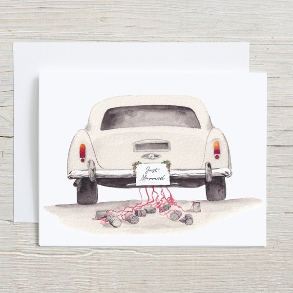 Wedding card, Watercolor Congratulations stationary, Antique Wedding Car with cans, Just Married card, blank folded greeting card