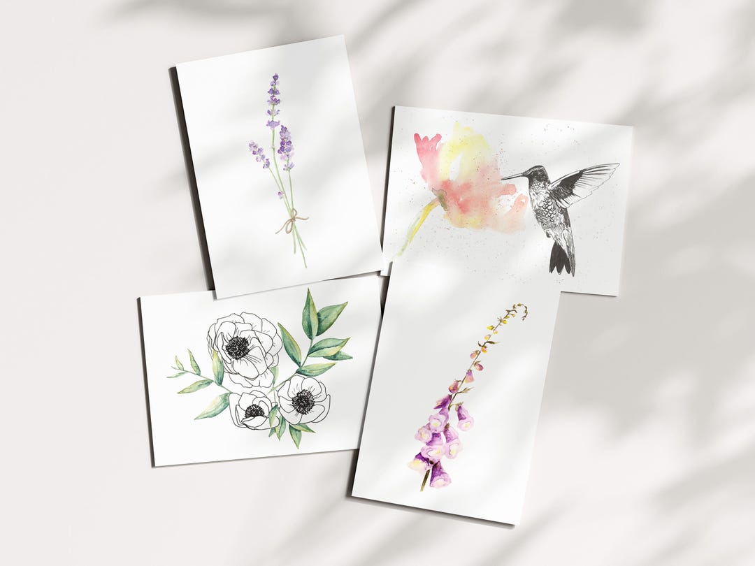 Botanical Card Set - 4 Watercolor Cards - Floral Card Pack - Lavender ...