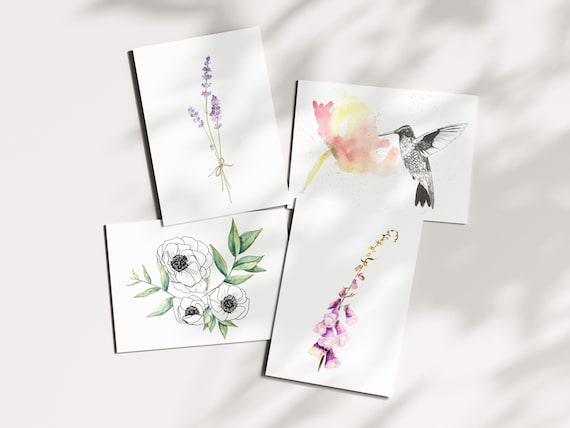 Botanical Card Set - 4 Watercolor Cards - Floral Card Pack - Lavender Hummingbird Peony Foxglove - Blank Note Cards - Botanical Stationery