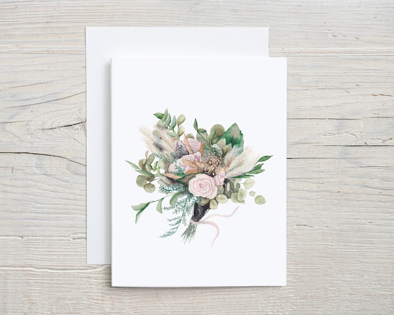 Floral bouquet note card, Boho Wedding card, Botanical Valentine's Card, Rose greeting card, folded card with envelopes, set of 4 for 8 image 1