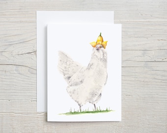 Watercolor Chicken with Flower Hat Card– Whimsical Farm Animal Greeting, Funny Hen Card, Chicken Lover Gift, Blank Card