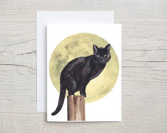 Black Cat Moon Card, Watercolor Halloween Cat Greeting Card, Spooky Cat Card, Gothic Cat Art Card, Witchy Cat Card, Blank Inside,