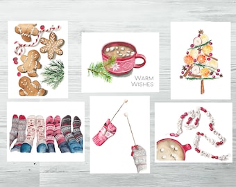 Juego de tarjetas navideñas acogedoras con acuarela / Tarjetas navideñas Hygge / Tarjetas invernales de chocolate caliente de jengibre / Tarjetas de regalo navideñas con cálidos deseos / Hechas a mano