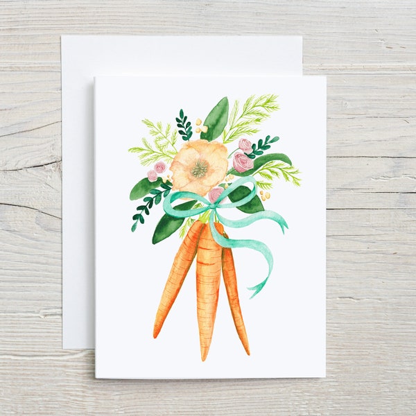 Carrot Bouquet note card, Veggie greeting card, Easter postcard, blank card, card with envelope, Set of 4 or 8