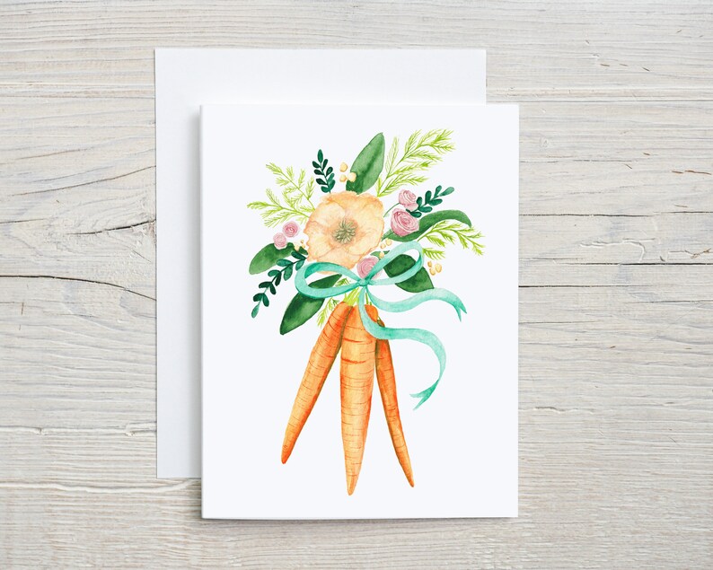 Carrot Bouquet note card, Veggie greeting card, Easter postcard, blank card, card with envelope, Set of 4 or 8 image 1