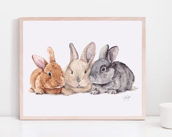 Baby bunny decor, bunny wall art, three watercolor bunnies, Rabbit Painting, bunny nursery, spring watercolor, Easter gift