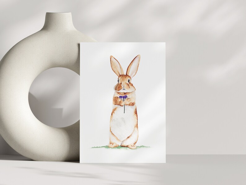 Rabbit with flower note card, woodland greeting card, Bunny postcard, rustic stationary, blank card, card with envelope image 8