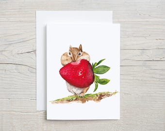 Adorable Chipmunk with Strawberry Card – Cute Watercolor Animal Stationery, Blank Inside with envelope