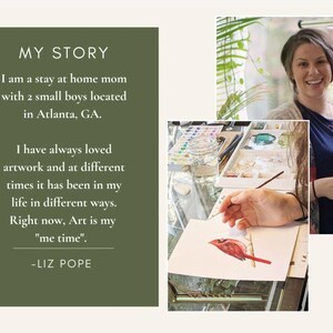 Pu&ograve; includere: Una donna dipinge un'illustrazione ad acquerello di un cardinale. Il testo "MY STORY" &egrave; su uno sfondo verde con una citazione che dice che l'arte &egrave; il suo "tempo per me".