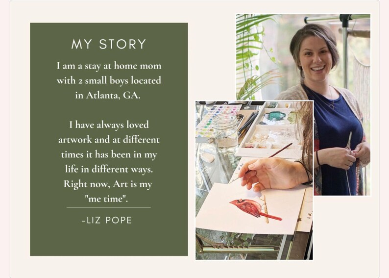Pu&ograve; includere: Una donna dipinge un'illustrazione ad acquerello di un cardinale. Il testo "MY STORY" &egrave; su uno sfondo verde con una citazione che dice che l'arte &egrave; il suo "tempo per me".