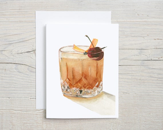 Old Fashioned cocktail card,  Watercolor Drink Illustration, Father's Day Card, Whisky postcard, vintage cocktail glass stationary