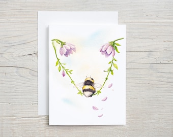 Bumblebee Swing Watercolor Card | Hand Painted Bee Floral Notecard | Whimsical Spring Garden Card | Bee Lover Gift | Blank Inside