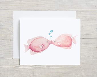 Kissing Fish Card - Watercolor Love Card for Valentine’s Day, Anniversaries, or Just Because, Folded Card with Envelopes, set of 4 or 8