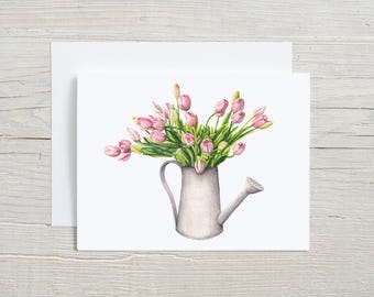 Pink Tulips Watercolor Card | Spring Flower Bouquet Card | Watering Can Floral Notecard | Gardener Gift | Mother's Day Card | Blank Inside