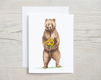 Bear with flowers note card, woodland greeting card, Bear postcard, Sunflower stationary, blank card, card with envelope