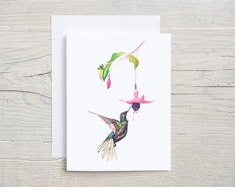 Emerald Hummingbird Watercolor Card – Nature-Inspired Blank Card for Any Occasion, Gift for gardener - blank card set of 4 or 8
