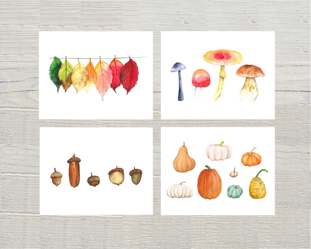 Fall Watercolor Card Set – Colorful Autumn Leaves, Mushrooms, Acorns ...