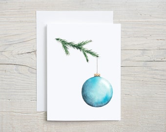 Christmas Ornament Note Card,  Winter Watercolor Stationary set, Shiny decorations, Christmas Card with Envelopes, Set of 4 or 8