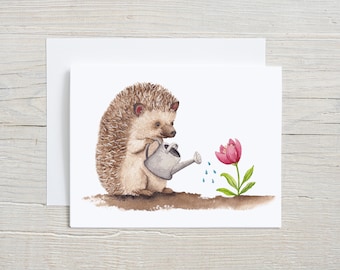 Hedgehog Gardening Watercolor Card | Cute Spring Garden Card | Woodland Animal Notecard | Gardener Gift | Tulip Flower Card | Blank Inside