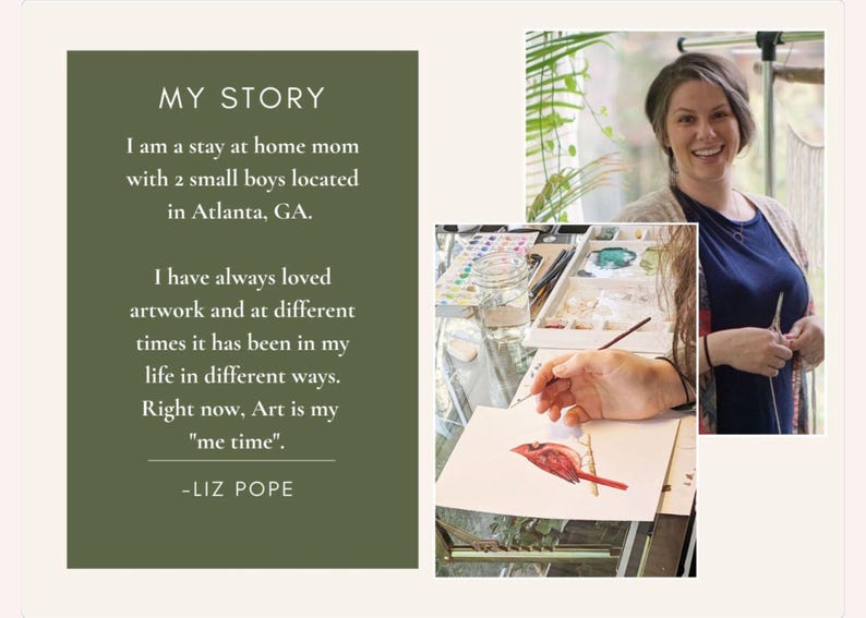 May include: A woman paints a watercolour illustration of a cardinal bird. The text "MY STORY" is on a green background with a quote about art being her "me time".