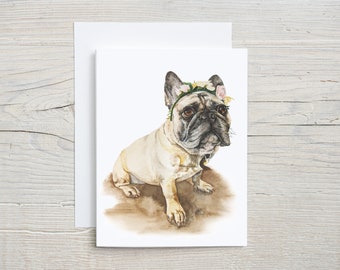 French Bulldog with flower crown note card, cute puppy greeting card, postcard, watercolor stationary, Birthday blank card  with envelope