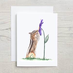 Chipmunk with Purple Daisy Watercolor Card - Cute Nature-Inspired Stationery for Any Occasion,  woodland card, blank card with envelope