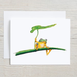 Frog Card – Cute Frog with Leaf Umbrella Art –Watercolor Blank Card for Nature Lovers, Wildlife Enthusiasts, Any Occasion, blank card